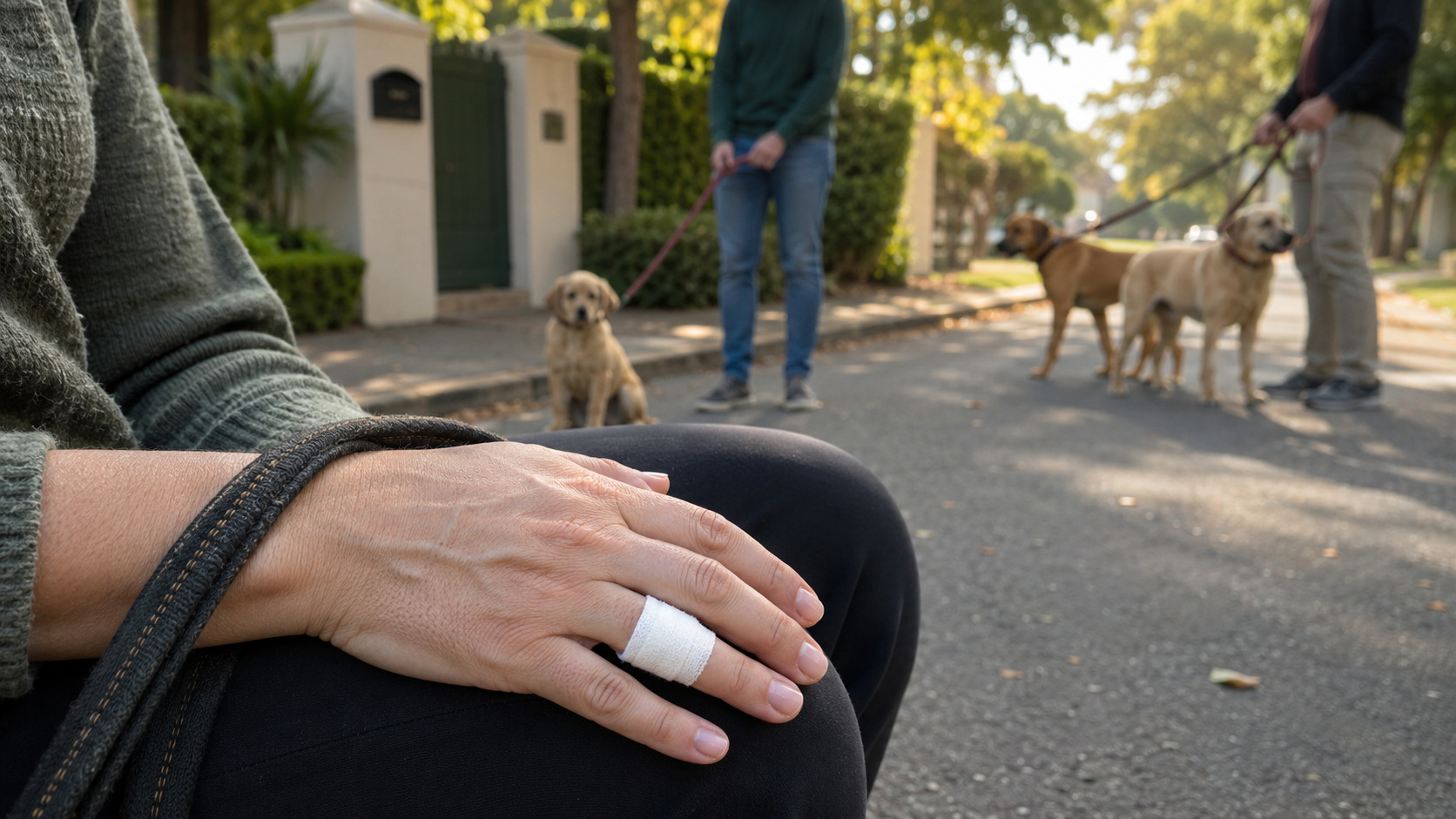 Dog Bite and Prescribed Minimum Benefits – GFS Blog Bandaged ring finger after a dog-bite incident, with dogs safely held on leads in the background